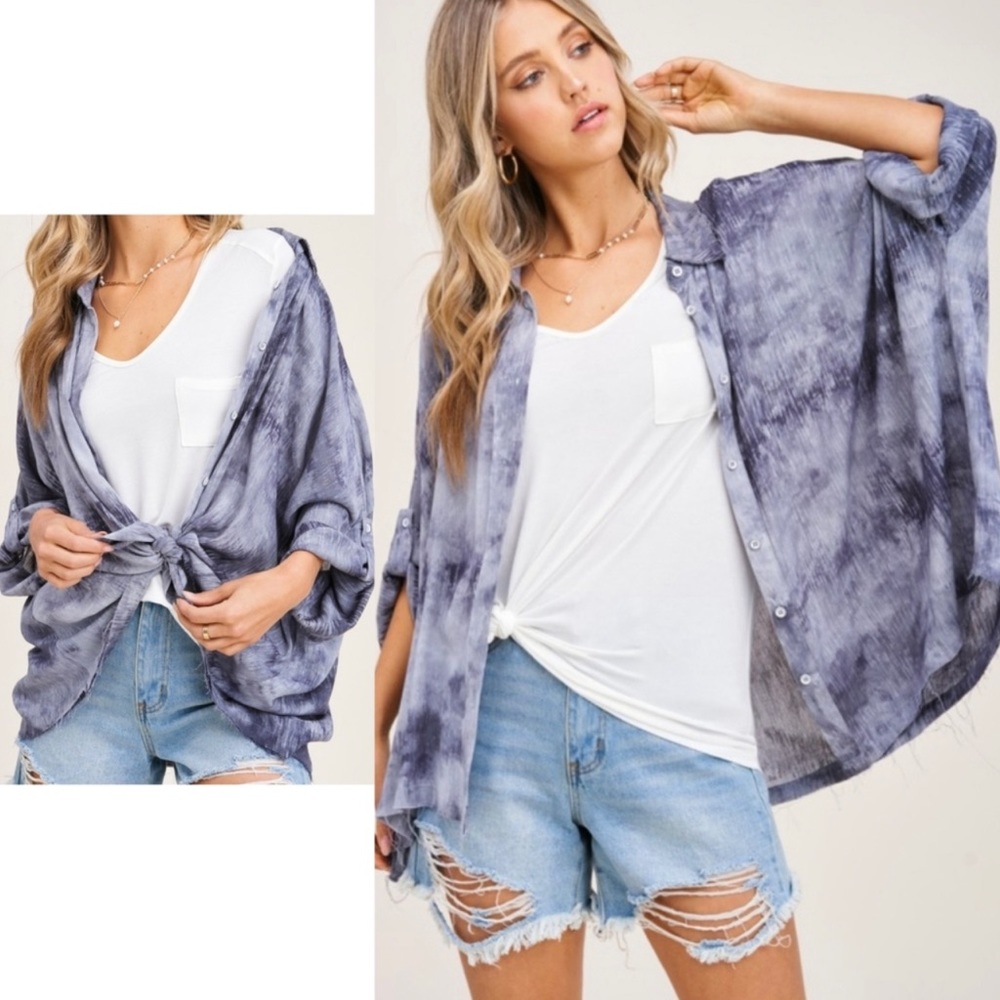 NWT Oversized Button Down Tie Dye Shirt in Grey